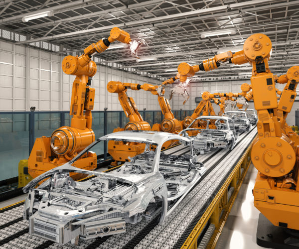 3d rendering robot assembly line in car factory